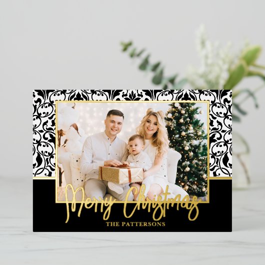 Carte De Vœux En Aluminium Noir et blanc Damas Gold (Debout devant)