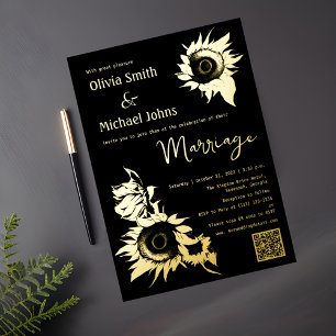 Carte De Vœux En Aluminium Noir et or Sunflower Code QR Mariage Invite