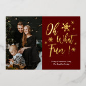 Carte De Vœux En Aluminium Oh What Fun Red Gold Calligraphy Snowflakes Photo (Recto)
