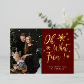 Carte De Vœux En Aluminium Oh What Fun Red Gold Calligraphy Snowflakes Photo (Debout devant)