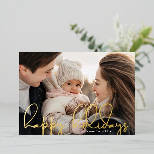 Carte De Vœux En Aluminium or manuscrit moderne photo "happy holiday" (Debout devant)