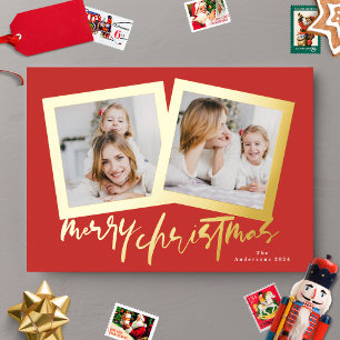 Carte De Vœux En Aluminium or moderne vert joyeux noël multi photo