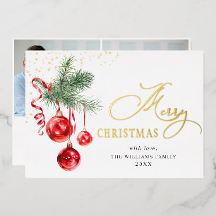 Carte De Vœux En Aluminium Ornement de Noël élégant Boules rouges 2 Photo Or