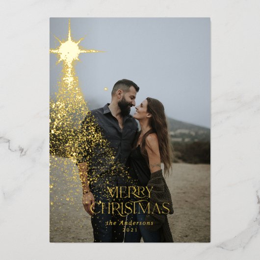 Carte De Vœux En Aluminium Paillettes dorées scintillent bleu moderne Noël Fê (Recto)