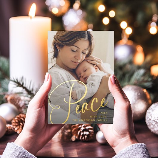 Carte De Vœux En Aluminium Paix | Élégant Script et photo Noël