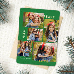 Carte De Vœux En Aluminium Paix moderne Joy Amour Couleur personnalisée Colla<br><div class="desc">Cette carte de Noël cinq collage photo design présente la lecture de typographie moderne, PEACE, JOY, et LOVE en véritable feuille d'or sur un arrière - plan vert vif (la couleur peut être customisée à n'importe quelle couleur que vous voulez). Le dos de la carte contient un faux feutre assorti...</div>