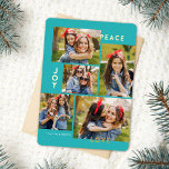 Carte De Vœux En Aluminium Paix moderne Joy Amour Couleur personnalisée Colla<br><div class="desc">Cette carte de Noël cinq collage photo design présente la lecture de typographie moderne, PEACE, JOY, et LOVE en véritable feuille d'or sur un arrière - plan de couleur aqua (la couleur peut être customisée à n'importe quelle couleur que vous voulez). Le dos de la carte contient un faux feutre...</div>