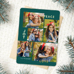 Carte De Vœux En Aluminium Paix moderne Joy Amour Couleur personnalisée Colla<br><div class="desc">Cette carte de Noël cinq collage photo design présente la lecture de typographie moderne, PEACE, JOY, et LOVE en véritable feuille d'or sur un arrière - plan turquoise foncé (la couleur peut être customisée à n'importe quelle couleur que vous voulez). Le dos de la carte contient un faux feutre assorti...</div>