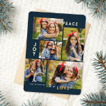 Carte De Vœux En Aluminium Paix moderne Joy Amour Couleur personnalisée Colla<br><div class="desc">Cette carte de Noël cinq collage photo design présente la lecture de typographie moderne, PEACE, JOY, et LOVE en véritable feuille d'or sur un arrière - plan bleu marine (la couleur peut être customisée à n'importe quelle couleur que vous voulez). Le dos de la carte contient un faux feutre assorti...</div>