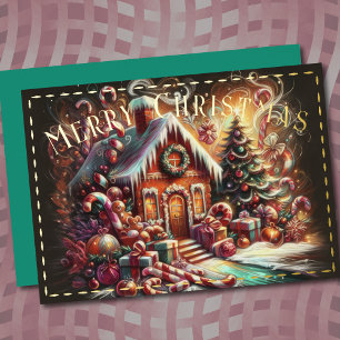 Carte De Vœux En Aluminium Pastel Dessin Noël Maison en pain d'épices