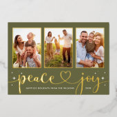 Carte De Vœux En Aluminium Peace and Joy Modern Gold Heart Script 3 Photo (Recto)