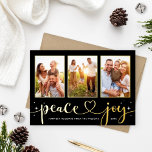 Carte De Vœux En Aluminium Peace and Joy Modern Gold Heart Script 3 Photo<br><div class="desc">Simple et chic "Peace and Joy" carte photo de vacances comprend un collage de 3 photos de portrait sur une disposition horizontale de carte avec des étoiles scintillantes blanches et texte de script de calligraphie à lettrage manuel mignon et moderne avec accent du coeur dans une véritable feuille d'or. Personnalisez...</div>