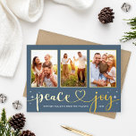 Carte De Vœux En Aluminium Peace and Joy Modern Gold Heart Script 3 Photo<br><div class="desc">Simple et chic "Peace and Joy" carte photo de vacances comprend un collage de 3 photos de portrait sur une disposition horizontale de carte avec des étoiles scintillantes blanches et texte de script de calligraphie à lettrage manuel mignon et moderne avec accent du coeur dans une véritable feuille d'or. Personnalisez...</div>