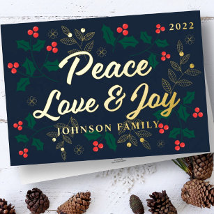 Carte De Vœux En Aluminium Peace Love and Joy Modern Holly Berries Foliage
