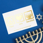 Carte De Vœux En Aluminium Peace Love Hanoukka Custom Elegant Gold<br><div class="desc">Une élégante carte Hanoukka Peace Love pour une personne juive qui aime célébrer Chanukah. Un joli signe de paix,  un coeur,  et une belle menorah au-dessus de votre texte personnalisé.</div>