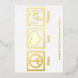 Carte De Vœux En Aluminium Peace Love Theatre Company Custom Christmas Gold<br><div class="desc">De beaux cartes de fin de année de théâtre ou de théâtre club d'or feuille d'or avec un joli signe de paix,  le coeur,  et les joyeux et triste masques de théâtre d'action. Carte de Noël Peace Love Theater.</div>