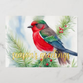 Carte De Vœux En Aluminium Peinture des oiseaux d'hiver rouge vert (Recto)