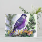 Carte De Vœux En Aluminium Peinture d'oiseaux d'hiver pourpre (Debout devant)