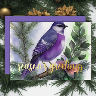 Carte De Vœux En Aluminium Peinture d'oiseaux d'hiver pourpre