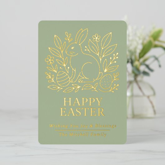 Carte De Vœux En Aluminium Personalized Spring Easter Bunny Gold Floral (Debout devant)