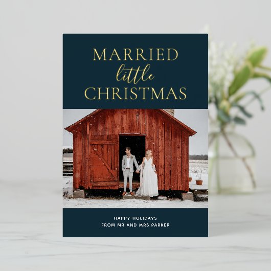 Carte De Vœux En Aluminium Petit Noël Mariné Bleu Gold Script photo (Debout devant)