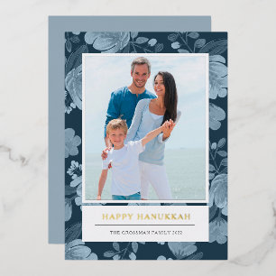 Carte De Vœux En Aluminium Photo Blue Floral et Gold Hanoukka