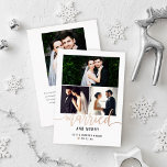 Carte De Vœux En Aluminium Photo Collage de photos de Roses mariés et joyeux<br><div class="desc">Carte de collage photo moderne "Marié et Joyeux" pour les jeunes mariés présente 3 photos préférées du jour de mariage sur le devant avec feuille d'or rose et texte personnalisé noir qui peut être personnalisé avec les noms et la date mariage. Un petit coeur de feuille d'or rose accentue le...</div>