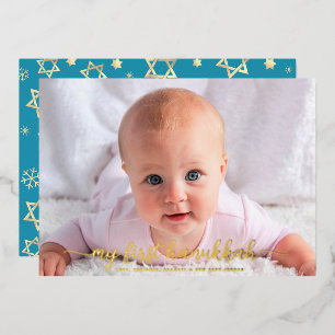 Carte De Vœux En Aluminium Photo de bébé 1ère Hanoukka Star of David Real Gol