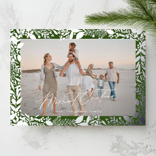 Carte De Vœux En Aluminium Photo de cadre botanique vert en argent de Noël