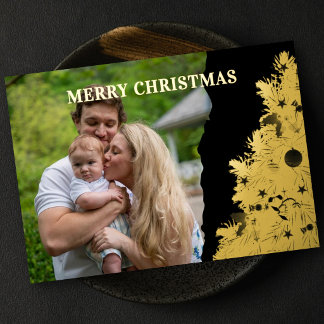 Carte De Vœux En Aluminium Photo de famille élégante arbre doré noir