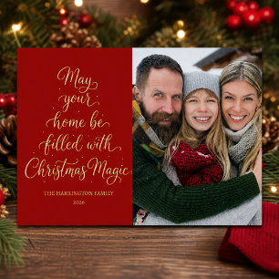 Carte De Vœux En Aluminium Photo de famille Noël Magie Rouge Or