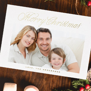 Carte De Vœux En Aluminium Photo de Joyeux Noël en calligraphie dorée classiq
