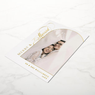 Carte De Vœux En Aluminium Photo de l'arche de script blanc et or Merry & Mar