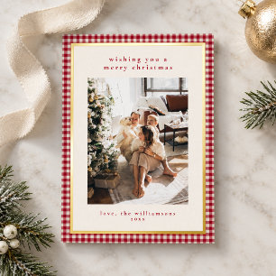Carte De Vœux En Aluminium Photo de Noël au portrait en gingham rouge et or