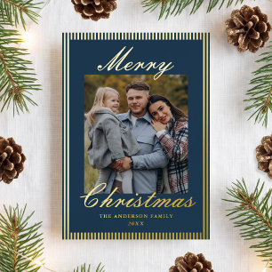 Carte De Vœux En Aluminium Photo de Noël aux rayures Navy Classiques et à l'A