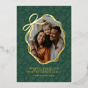 Carte De Vœux En Aluminium Photo de Noël avec ruban doré et feuilles vertes v