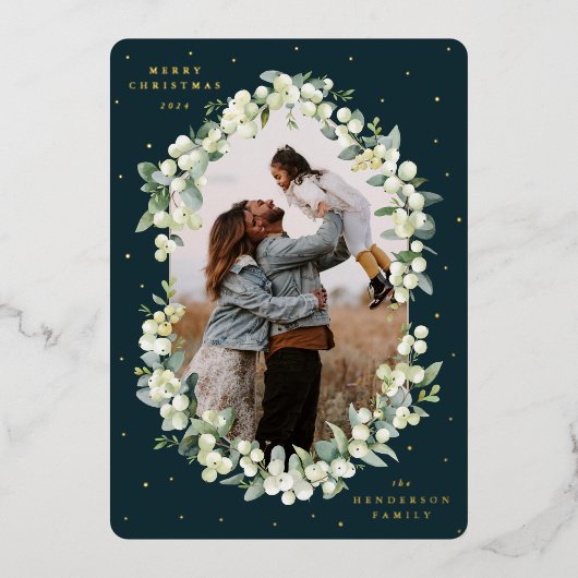 Carte De Vœux En Aluminium Photo de Noël Dark Green Snowberry+Eucalyptus (Recto)