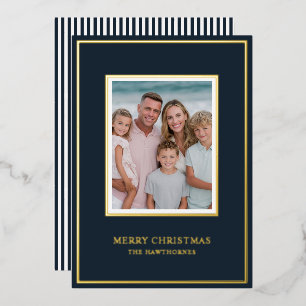 Carte De Vœux En Aluminium Photo de Noël élégant Simple Bleu marine foncé Or
