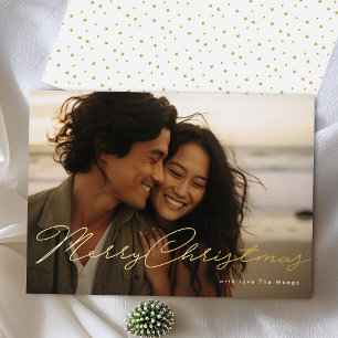 Carte De Vœux En Aluminium Photo de Noël joyeux manuscrit sous presse dorée