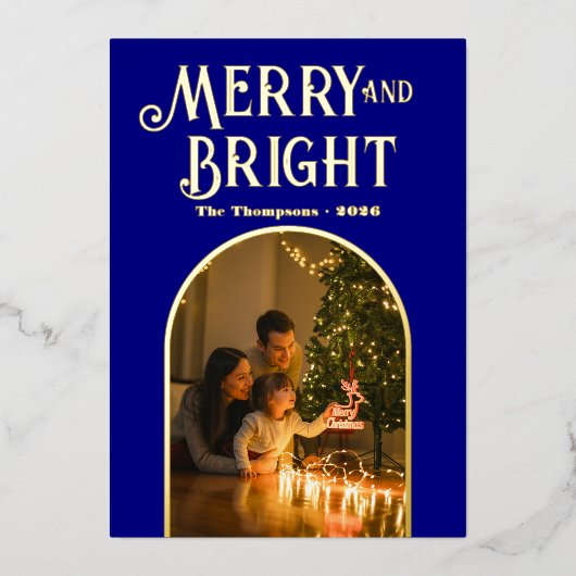 Carte De Vœux En Aluminium Photo de Noël moderne Navy & Or (Recto)