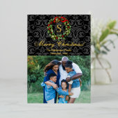 Carte De Vœux En Aluminium Photo de Noël Monogram Holly Wreath (Debout devant)
