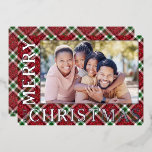 Carte De Vœux En Aluminium Photo de Noël Plaid<br><div class="desc">Les cartes photos de Noël présentent votre photo préférée sur une belle plaid scintillante de Noël avec Joyeux Noël et l'année en argent réel,  or ou feuille d'or rose sur le devant. Votre salutation personnelle et vos noms au dos.</div>
