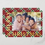 Carte De Vœux En Aluminium Photo de Noël Plaid<br><div class="desc">Les cartes photos de Noël présentent votre photo préférée sur une belle plaid scintillante de Noël avec Joyeux Noël et l'année en or réel,  argent ou feuille d'or rose sur le devant. Votre salutation personnelle et vos noms au dos.</div>