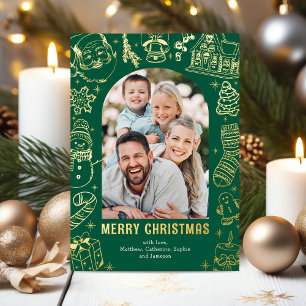 Carte De Vœux En Aluminium Photo de Noël vert dessiné à la main en or