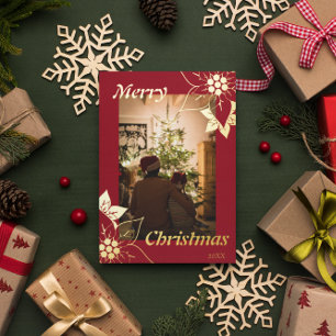 Carte De Vœux En Aluminium Photo de portrait élégant de Noël avec fleurs roug