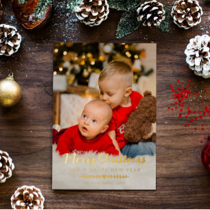 Carte De Vœux En Aluminium Photo de verdure de cœur Joyeux Noël Feuille d'or