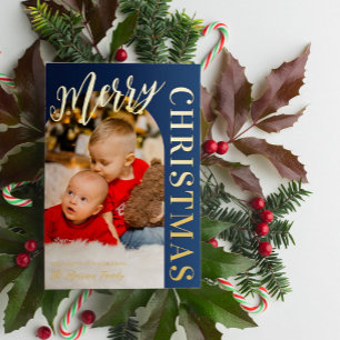 Carte De Vœux En Aluminium Photo en forme d'arc de la Marine Joyeux or de Noë