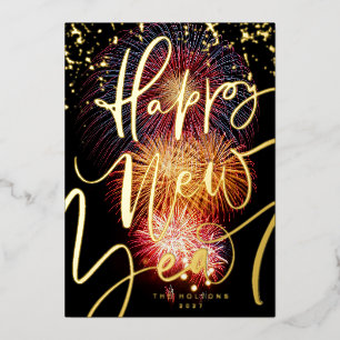 CARTE DE VŒUX EN ALUMINIUM PHOTO FEU D'ARTIFICE OR BONNE ANNÉE 2024