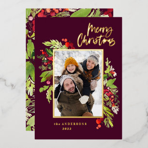 Carte De Vœux En Aluminium Photo feuillage élégant bordeaux joyeux Noël