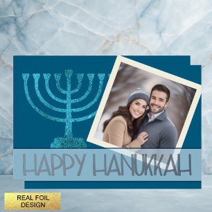 Carte De Vœux En Aluminium Photo Hanukka Bleu Blanc Menorah Doré Pailleté
